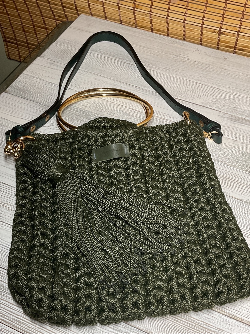 Handwoven Dark Olive Shoulder Bag with Gold Ring Handles